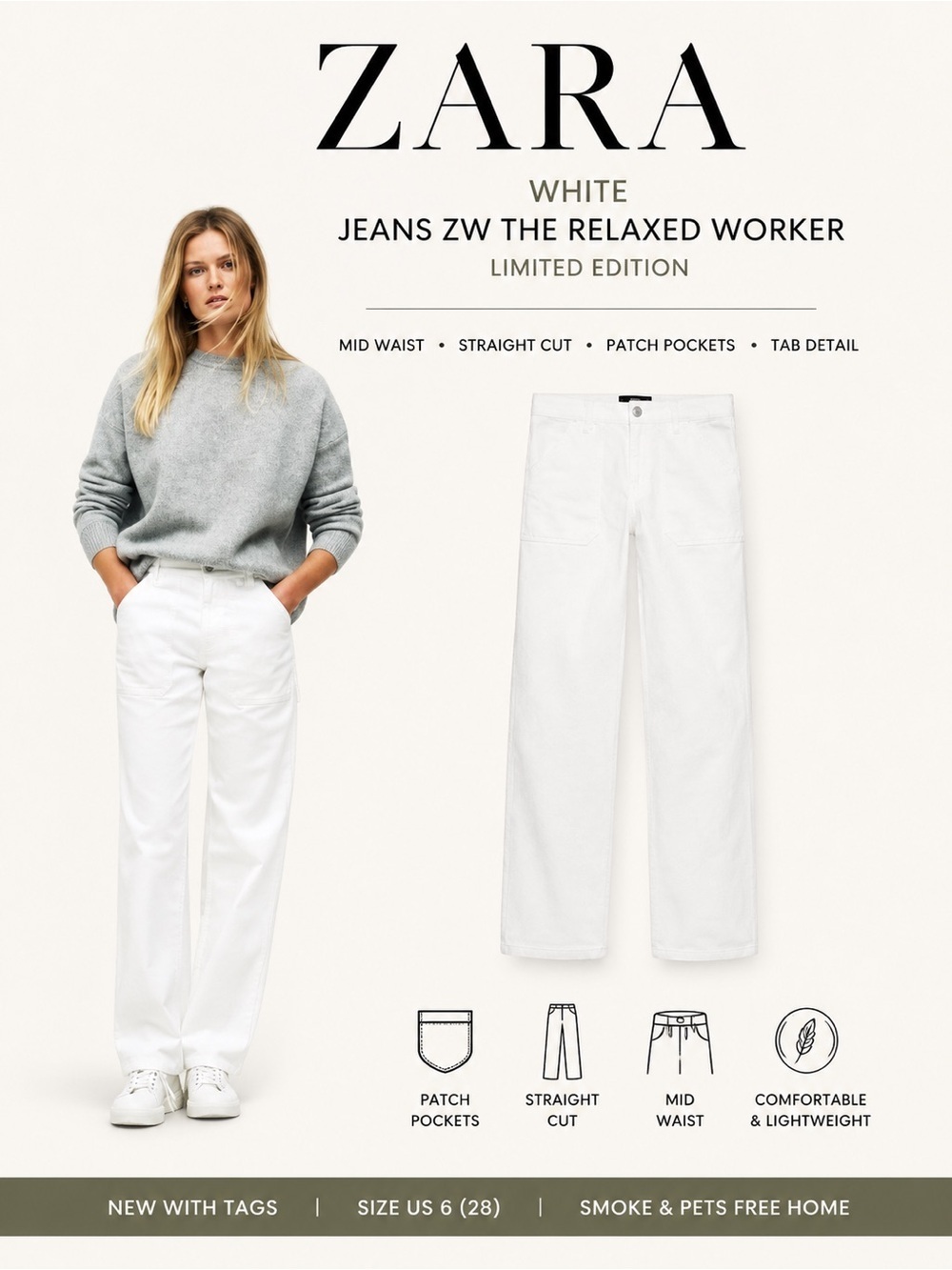 Zara White ZW The Relaxed Worker Jeans Size US 6/28 NWT Limited Edition